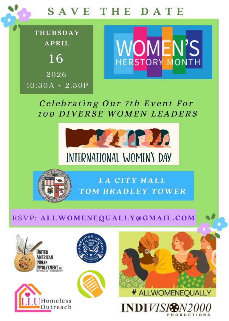 Save the Date flyer for the 7th #AllWomenEqually event, April 16 2026, LA City Hall Tom Bradley Tower